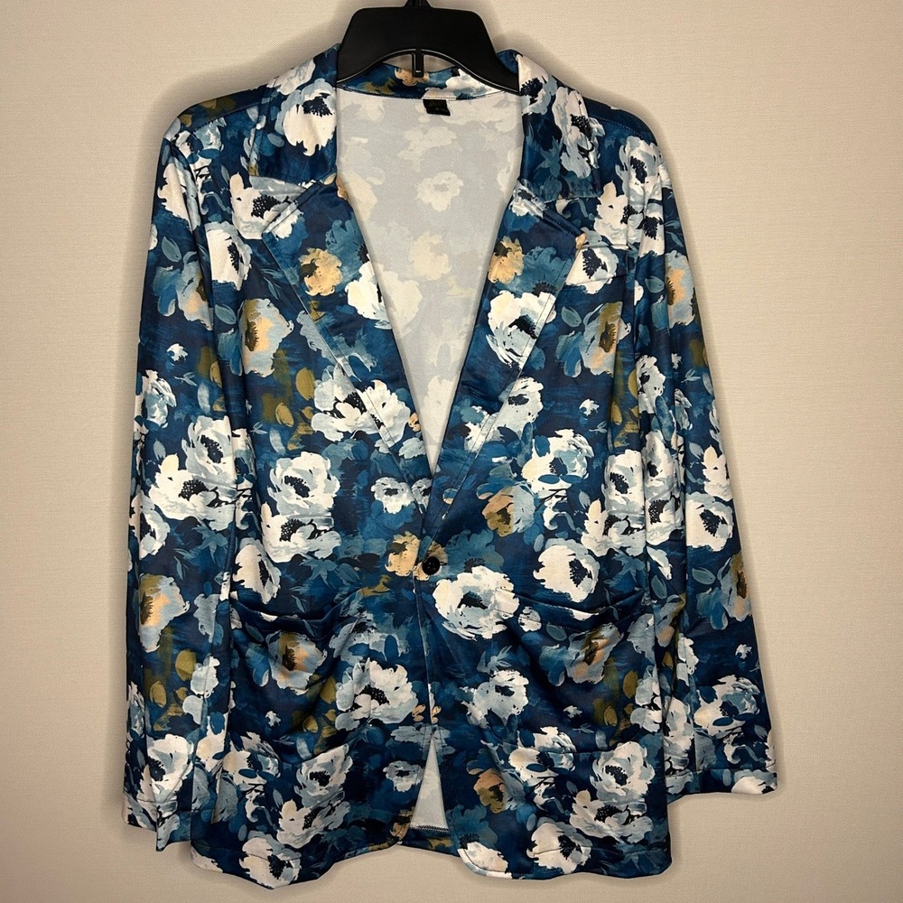 Colorful Blue Floral Blazer Jacket Small Office Cottagecore Maximalist Spring